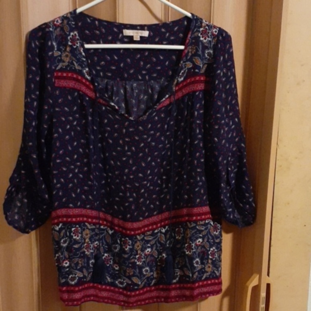 Navy and Red Patterned Women's Top